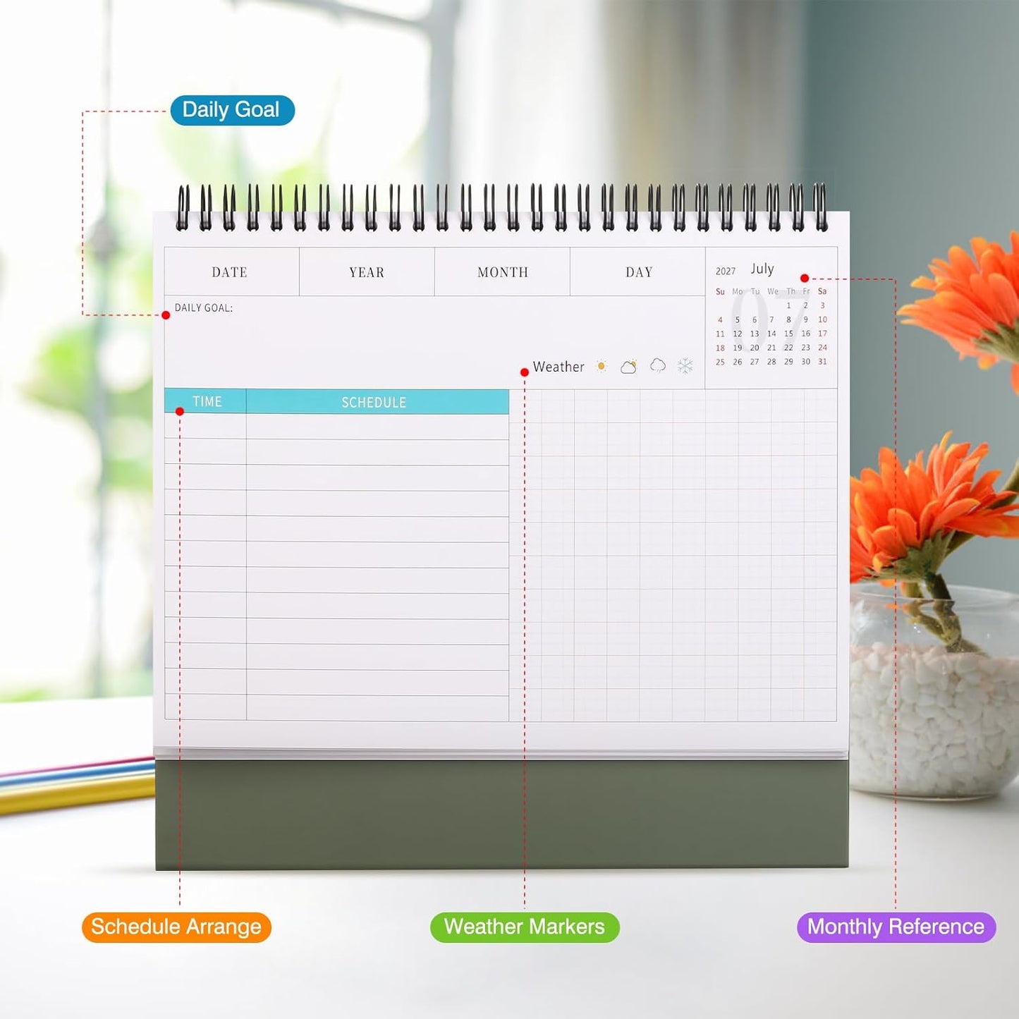 Desk Calendar 2026-2027, 2 Years Calendar Runs from Jan. 2026 until Dec 2027, Table Monthly Planner with Stickers for Home,Office,School Organization(L-White+Green,9.8" x 9.6")