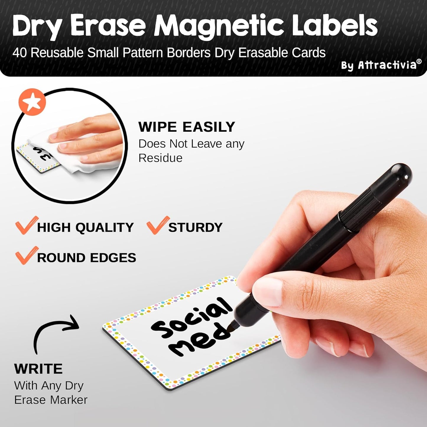 Dry Erase Magnetic Labels 2.8 x 1.8 in, Pattern Borders, Small Dry Erase Magnets, 40-Pack, Colored Erasable Write-On All-Purpose Labels, for Office, Education, Home, Whiteboard