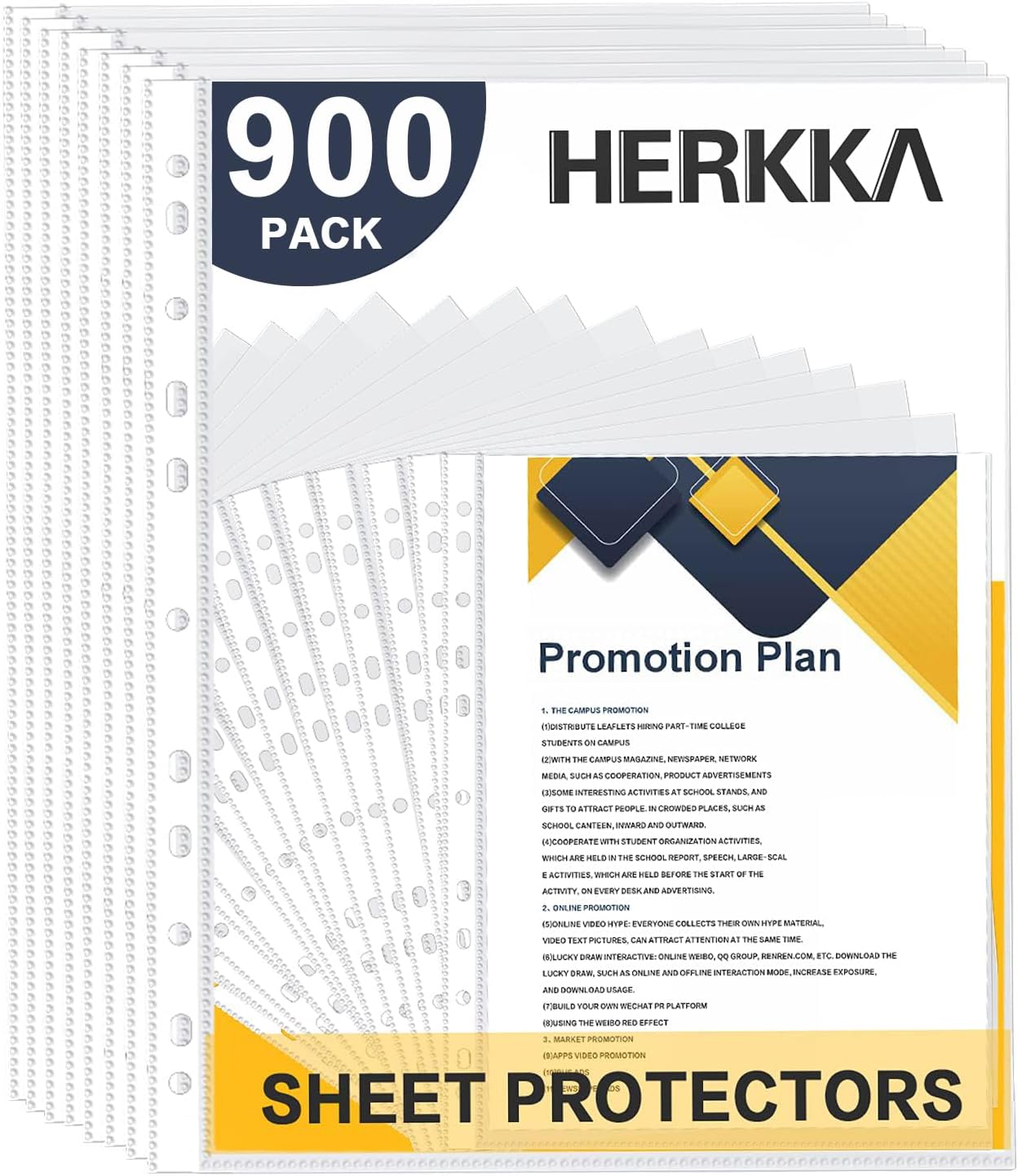 Sheet Protectors, HERKKA 900 Pack Heavy Duty Clear Plastic Page Protectors Sheet Reinforced 11-Hole Fit for 3 Ring Binder Fits Standard 8.5 x 11 Paper, 9.25 x 11.25 Top Loaded, Acid Free