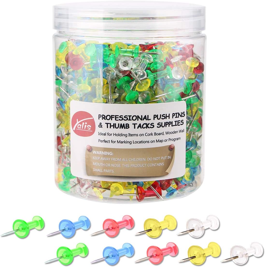 Yalis Push Pins 600 Count Clear Multicolored, Standard Thumb Tacks Steel Point and Clear Multi-Colors Plastic Head