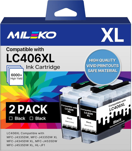 LC406 Ink Cartridges for Brother Printer Black Compatible for Brother LC406XL LC 406 XL 406 XL High Yield Ink Cartridges for Brother MFC-J4535DW MFC-J4335DW MFC-J5855DW MFC-J6555DW MFC-J6955DW, 2 Pack