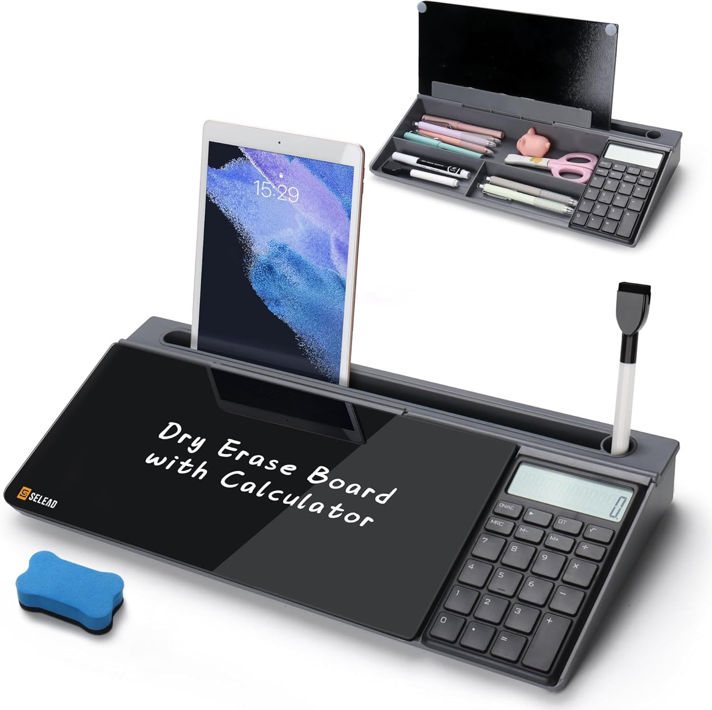 SELEAD Desktop Glass Whiteboard with Calculator, Organizer, Markers, Eraser, Holder - Black Dry Erase White Board Computer Pad Keyboard Stand for Home, School, Office Desk Cubicle Accessories