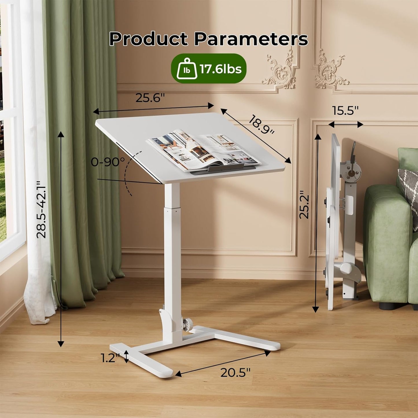 Foldable Standing Desk，Small Mobile Sit-Stand Desk with 90 Tiltable Top，Rolling Rising Laptop Workstation Adjustable Height，Portable Table on Hidden Wheels/4 Lockable Casters，White