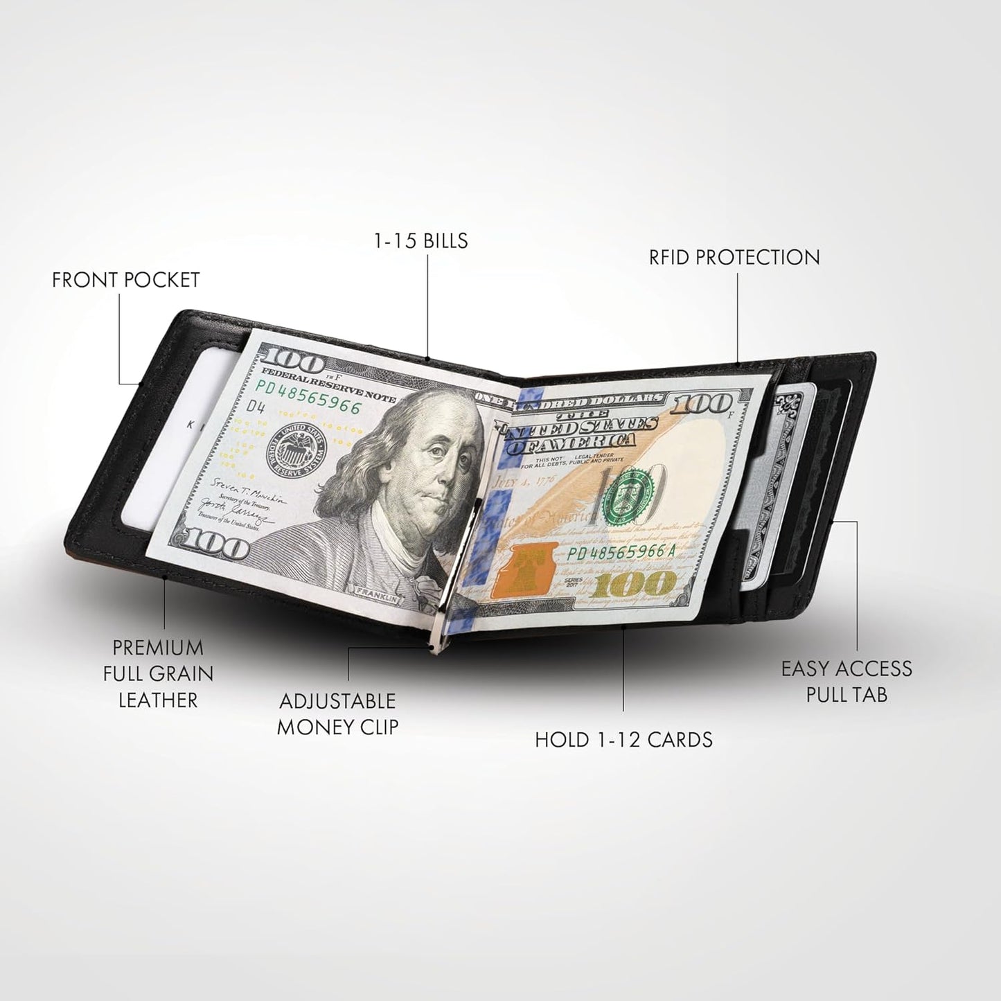 Kings Loot Money Clip Slim Minimalist Wallet for Men – RFID Blocking Leather Design with Money Clip – Front Pocket Bifold Holds 12 Cards – Stylish & Compact Wallets (Black/Premium Engraved)