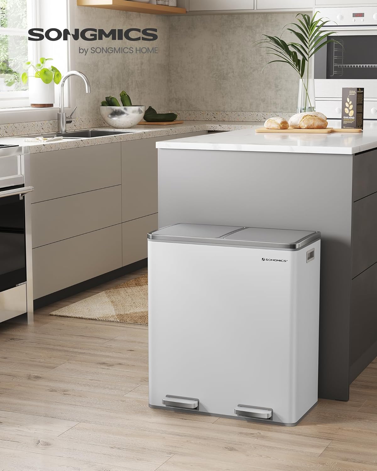 SONGMICS Trash Can, 2 x 8 Gallon (2 x 30 L) Garbage Can for Kitchen, with 15 Trash Bags, 2 Compartments, Plastic Inner Buckets and Hinged Lids, Airtight, White and Gray ULTB60WT