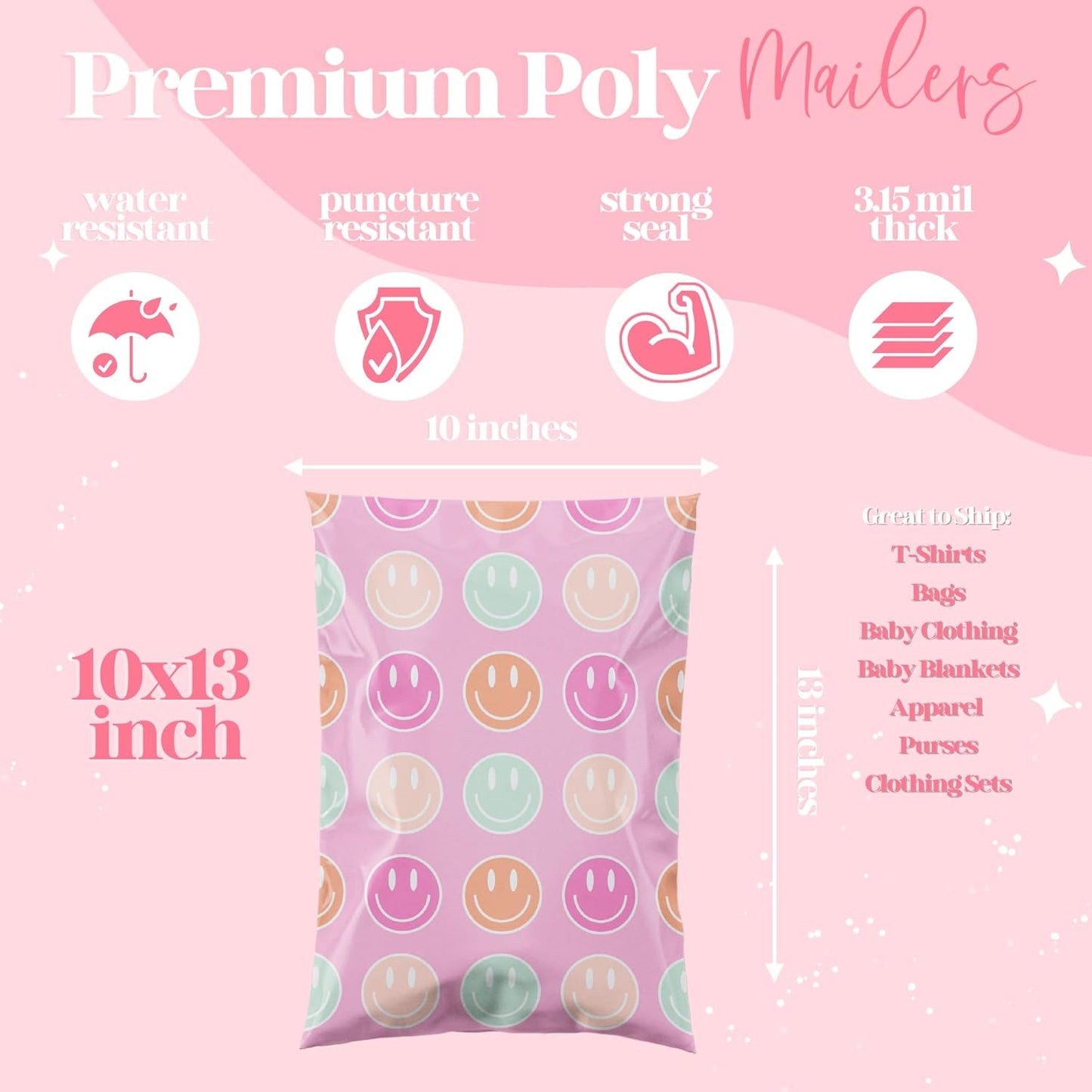14.5x19 Designer Poly Mailer 100 Pack Heavy Duty Waterproof Self Seal Shipping Bags for Small Business Large Mailing Envelopes Bulk Tear Resistant Cute Packaging Smiley Face