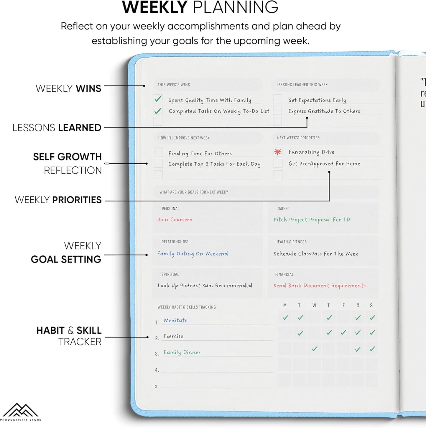 PRODUCTIVITY STORE Pro - Undated, 2025 Planner, 5.8” x 8.3” - The #1 Productivity Planner to Achieve Your 2025 Goals - Planner 2025-2026 - Blue - A5