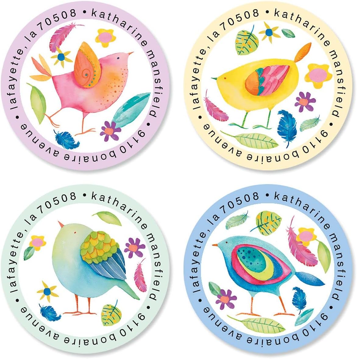 Colorful Images Cheerful Chirping Return Address Mailing Labels, Personalize with Name & Addresses, Set of 144 Self Adhesive, Easy Peel Flat Label Sheets, 1-½" Across, 4 Designs