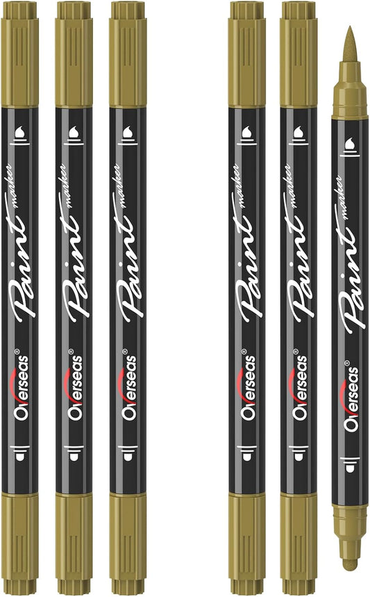 Overseas Gold Acrylic Paint Markers, 6 Pack Dual Tip Paint Pens Acrylic Markers - Dot and Brush Tip Gold Pens for Wood, Rock, Canvas, Glass, Metal, Plastic, Rubber, Fabric, School Supplies