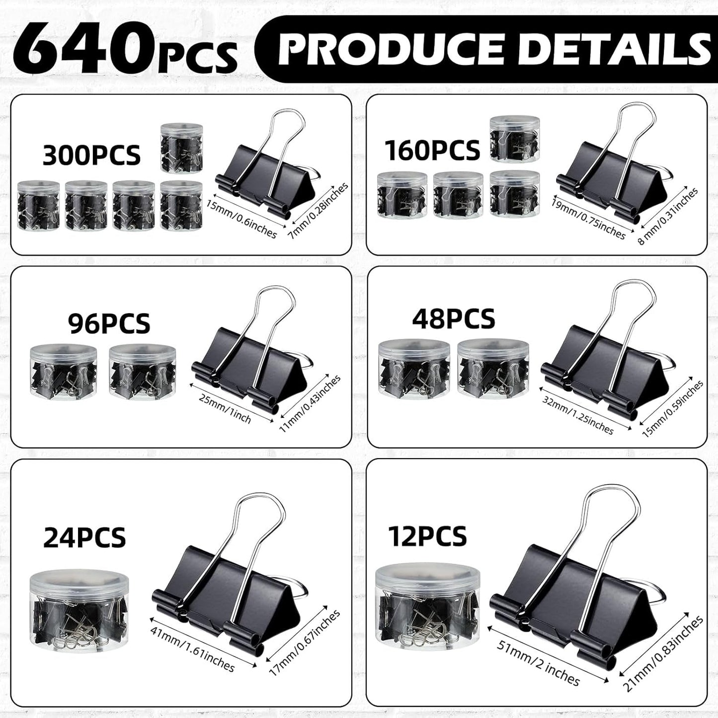 Yexiya 640 Pcs Binder Clips Paper Clamps Assorted Sizes Black, Metal Paper Binder Clips Combination Black Binding Paperwork Clamp Bulk 6 Sizes with Box School Teachers Office Supplies