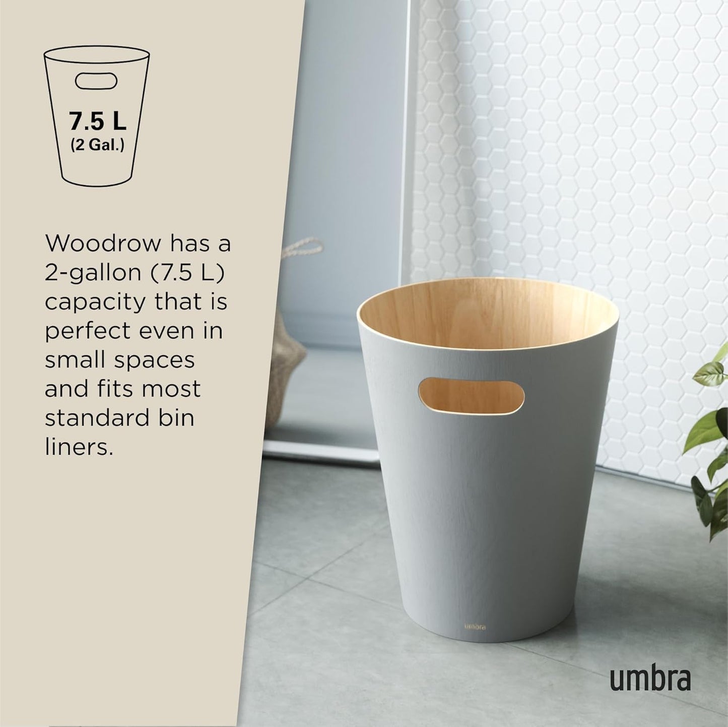 Umbra Woodrow, 2 Gallon Modern Wooden Trash Can Wastebasket or Recycling Bin for Home or Office, Grey (082780-918)