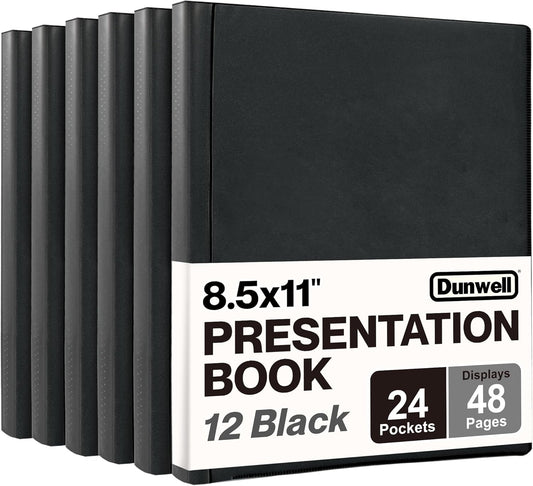 Dunwell Presentation Binder 24-Pocket, Displays 48 Pages, 8.5x11 Portfolio Binder with Plastic Sleeves, Storage and Organizer for Documents, Certificates, Projects, Photos (12 Pack, Black)
