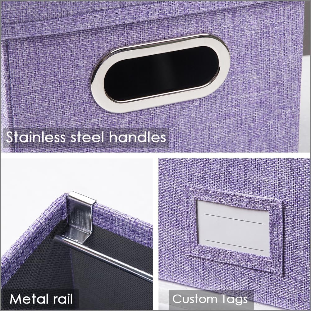 PRANDOM File Organizer Box - Set of 4 Collapsible Decorative Linen Filing Storage Hanging File Folders with Lids Office Cabinet Letter/Legal Size Purple 17.1x14x11.1 inch