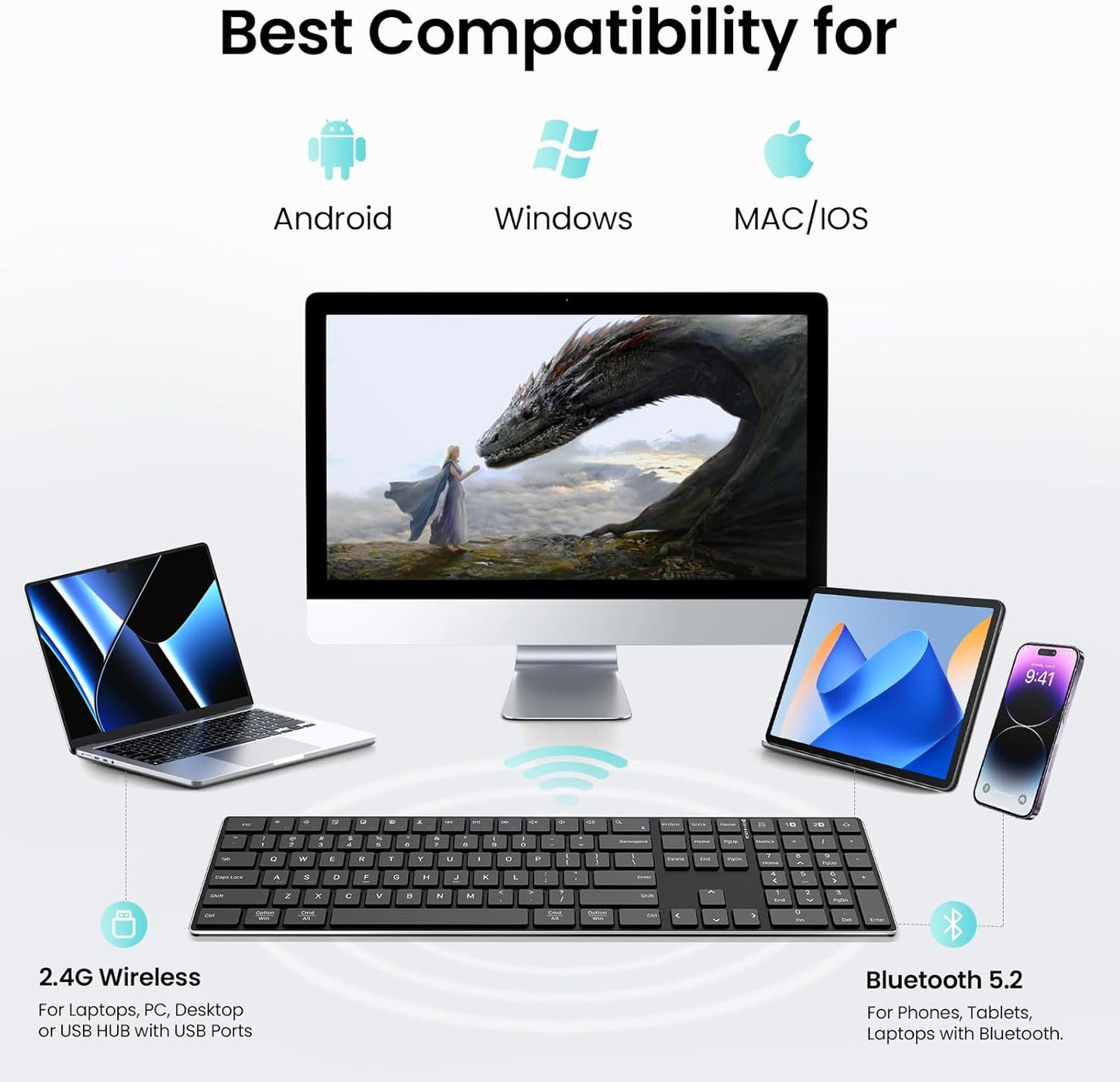 2.4G Wireless and Bluetooth Keyboard with Numeric Keypad, Multi-Device, Rechargeable, Compatible with Mac, Windows (Black)