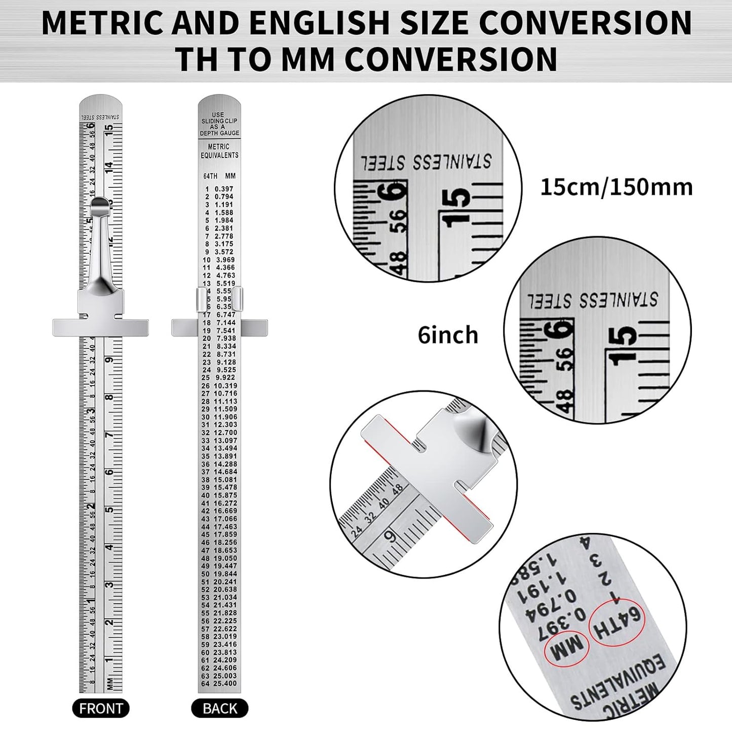 6 Inch 15 cm Pocket Ruler Flexible Precision Stainless Steel Ruler with Detachable Clips Stainless Steel Pocket Clip Scale Gauge Metric British System(30 Pieces)