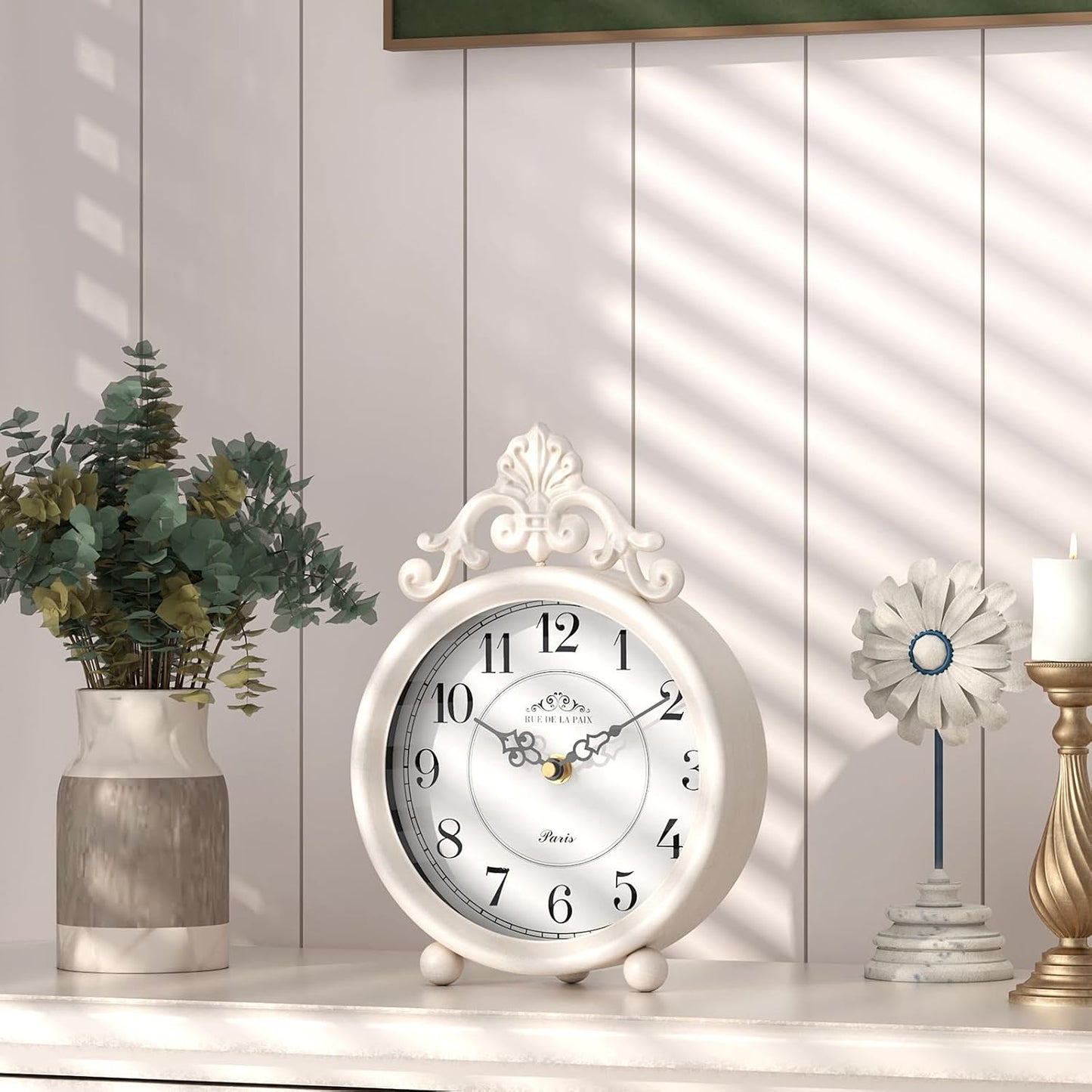 Vintage White Table Clock, Desk and Shelf Mantel Clock, French Rustic Antique Style Decor Clocks, for Farmhouse, Bedroom, Living Room, Bedside, Gift (9" H x 6.3" W)