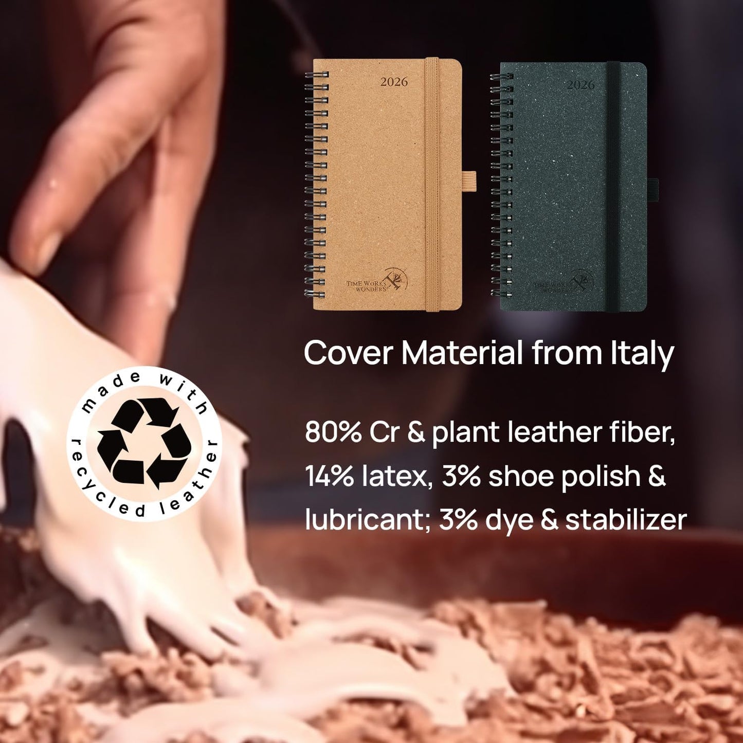 POPRUN 2026 Recycled Weekly Planner 12 Months Pocket Size (3.5'' x 6.5'') - Spiral Calendar Weekly and Monthly for Purse, with Italian Regenrated Leather, Pen Holder - Desert Brown