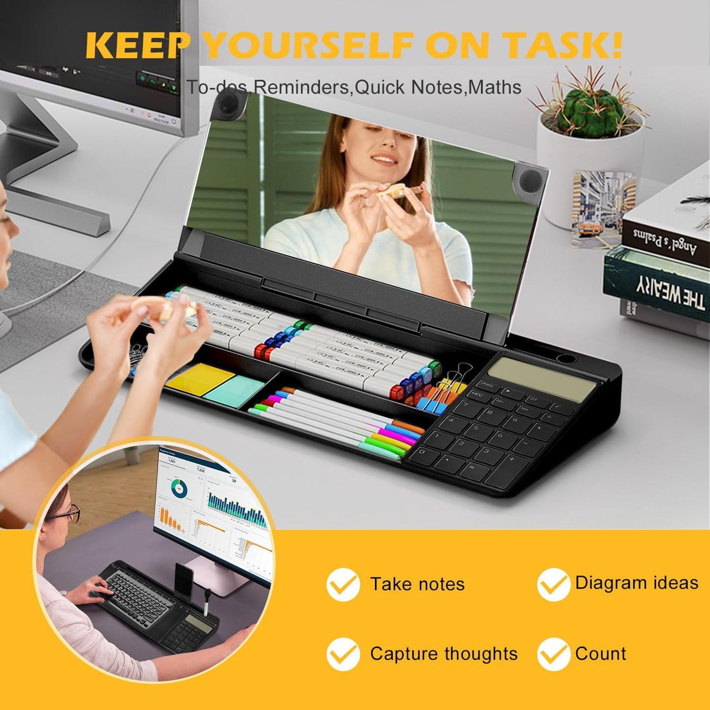 Desktop Glass Whiteboard with Mirror & Calculator(12 Digit LCD Display) & Ruler Marker,Tilted Computer Keyboard Stand with Dry Erase Board Surface, Desk Organizers with Accessories,Black