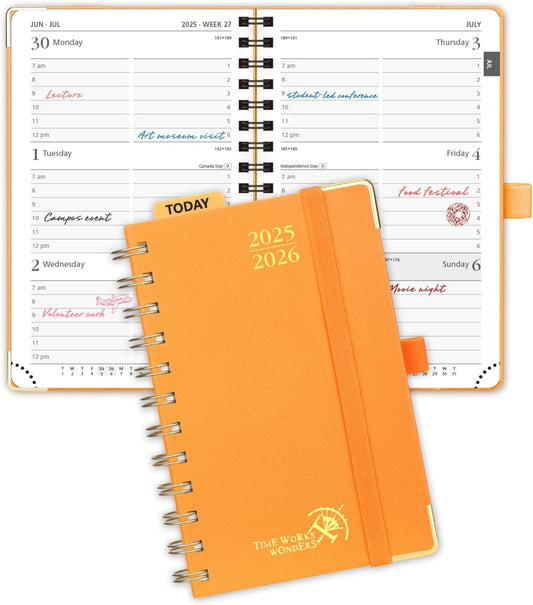 POPRUN Pocket Planner 2025-2026 (Spiral Hardcover - 4''x 6.25''), Daily Weekly and Monthly (July 2025 - June 2026) with Hourly Time Slots, for Purse, 100 GSM - Orange