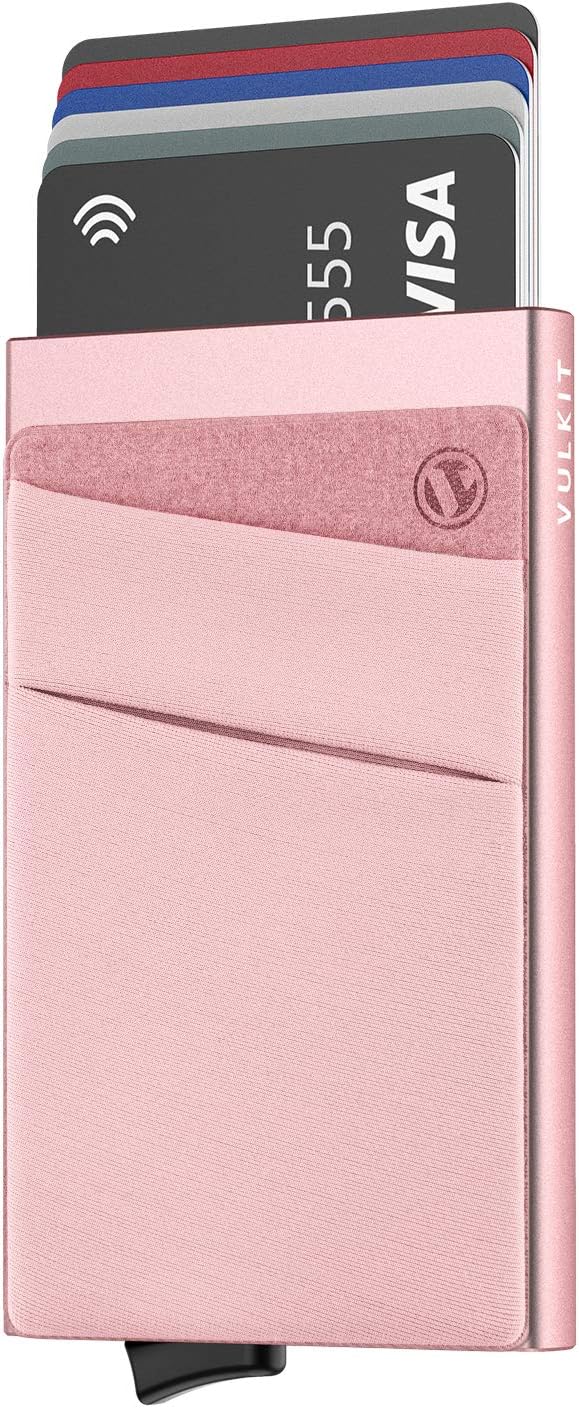 VULKIT Card Holder with Money Pocket Pop Up Wallet RFID Blocking Slim Metal Bank Card Case Holds 5 Cards and Notes