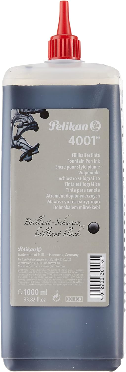 Pelikan 4001 Bottled Ink for Fountain Pens, Brilliant Black, 1 Liter, 1 Each (301168)