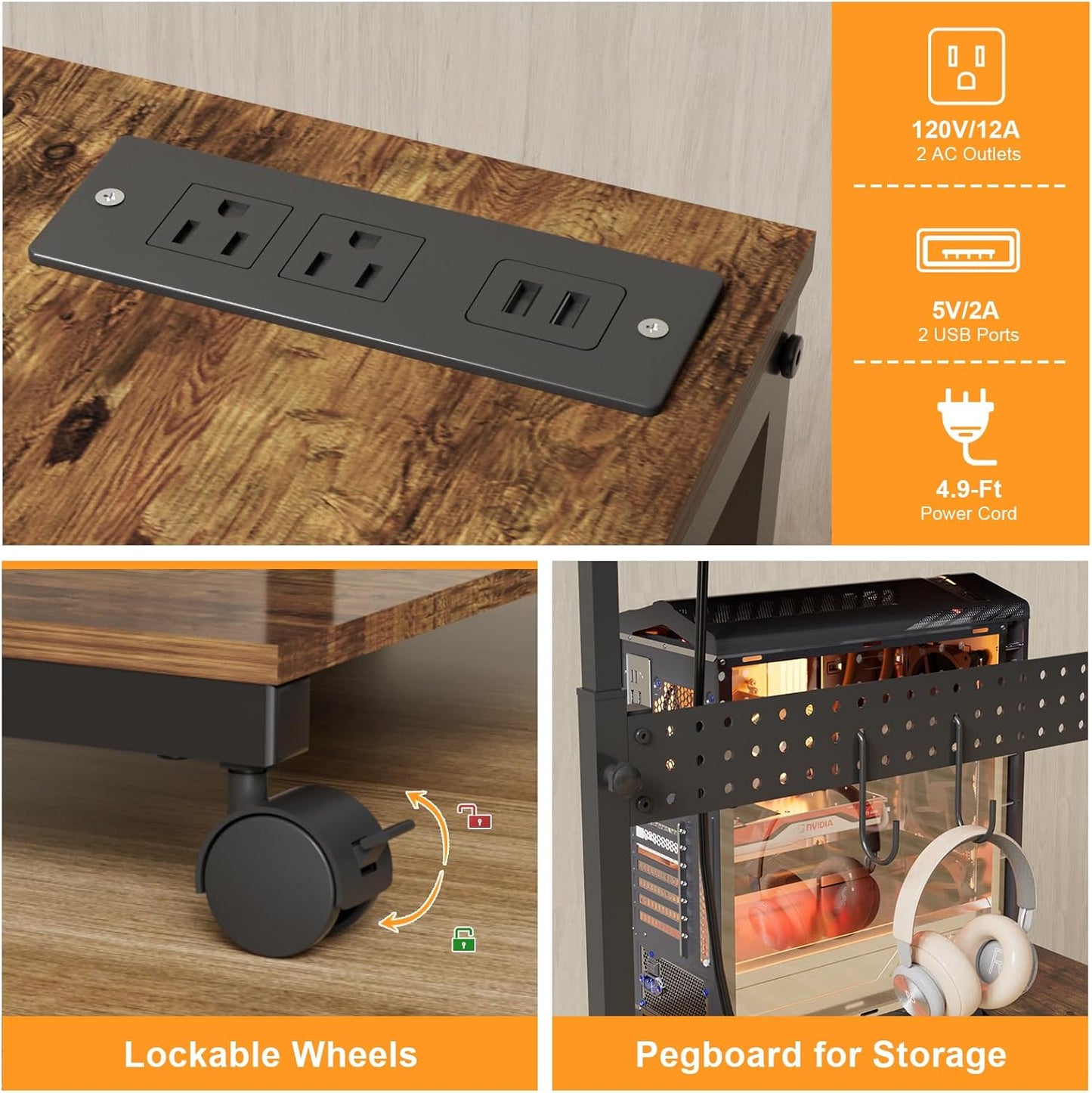 Computer Tower Stand with Charging Station, Height Adjustable 2-Tier CPU Stand with Power Strip and USB Ports, PC Tower Cart with Wheels and Printer Shelf, Rustic Brown and Black