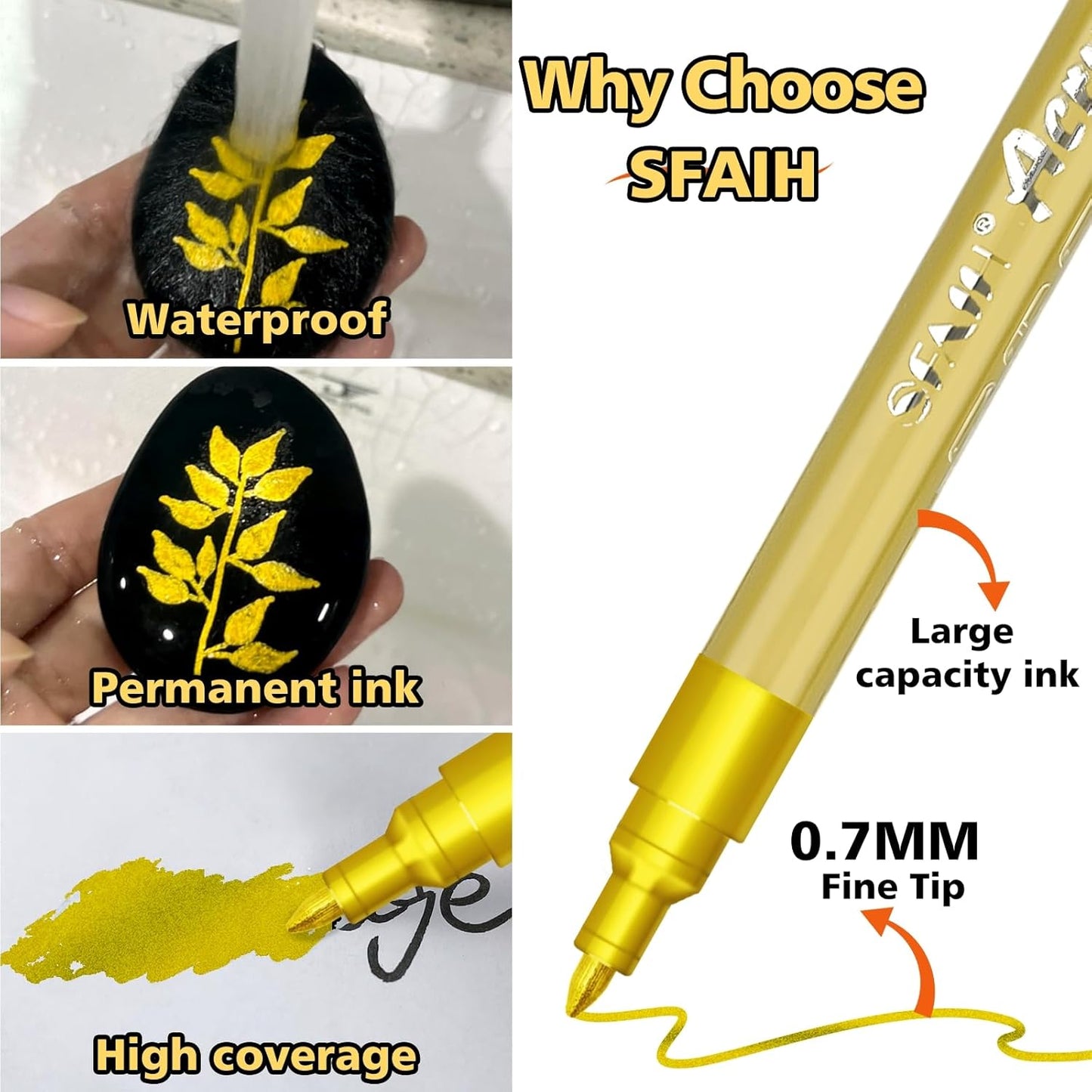 SFAIH Acrylic Gold Paint Pens - 8 Pack 2-3MM Medium Tip & 0.7MM Extra Fine Gold Markers Permanent for Rock, Wood, Metal, Fabric, Plastic, Glass, Ceramic, Diy Crafts, Large Ink Capacity, High Coverage