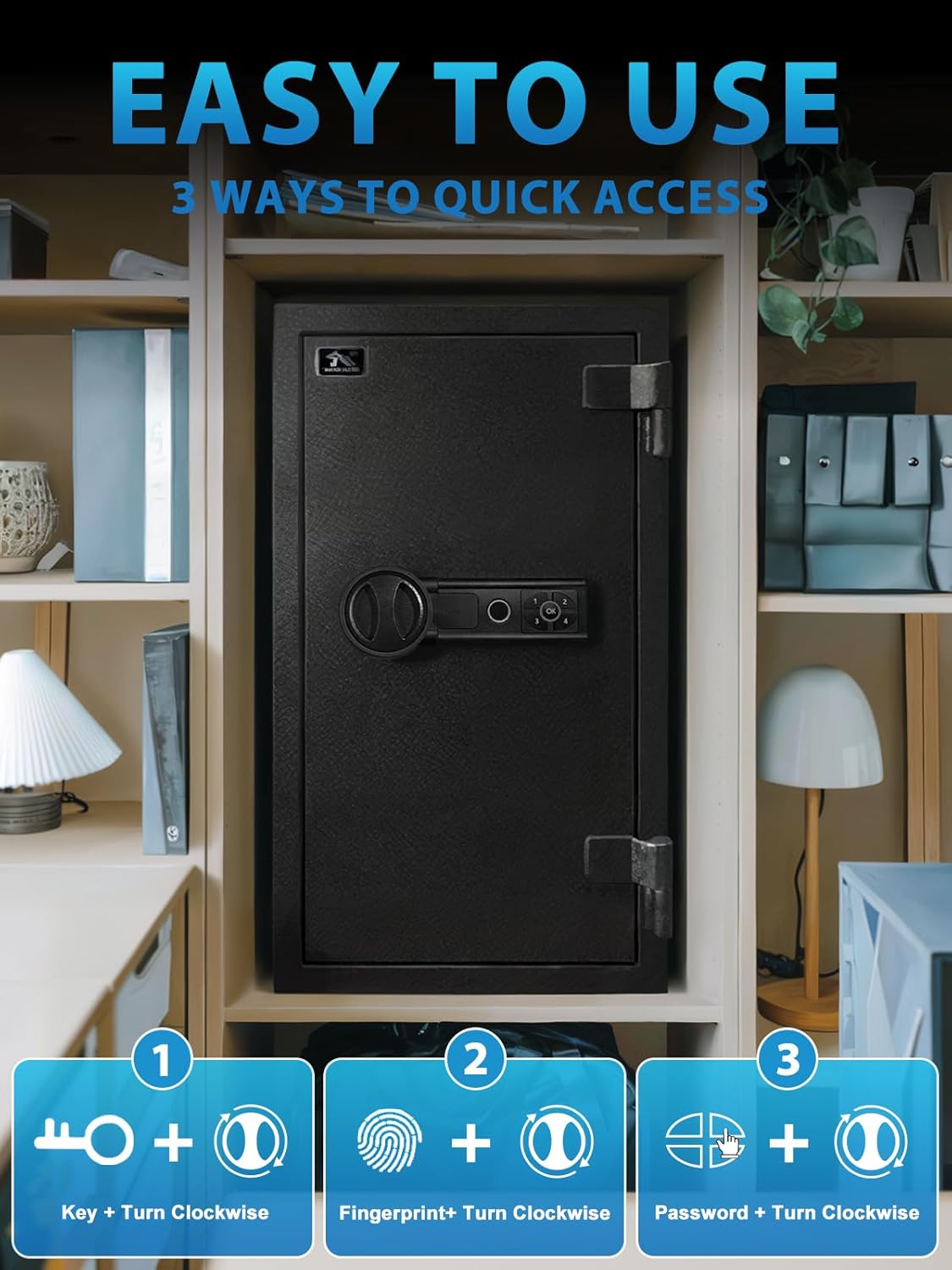 TIGERKING Biometric Fingerprint Fireproof Safe for Home Office, 3.47 Cu Ft Solid Steel Security Safe with Removable Shelf, Stores 29 Fingerprints, 30 Min Fire Protection, Anti-Theft Digital Safe