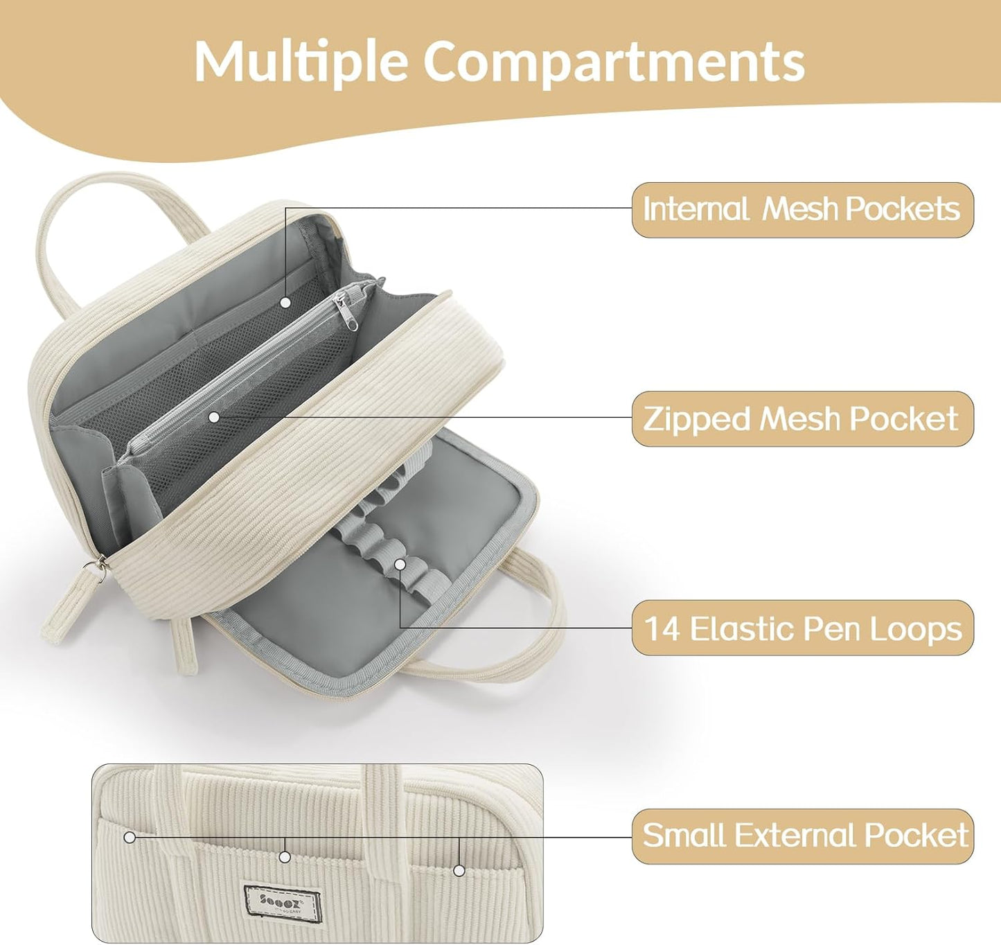 Sooez Large Pencil Case Pouch, Extra Big Pencil Bag with 5 Compartments, Pen Bag Wide Opening, Soft Corduroy Pencil Pouch Organizer with Zipper, Cute Aesthetic School Supplies for Teen Girls-Beige