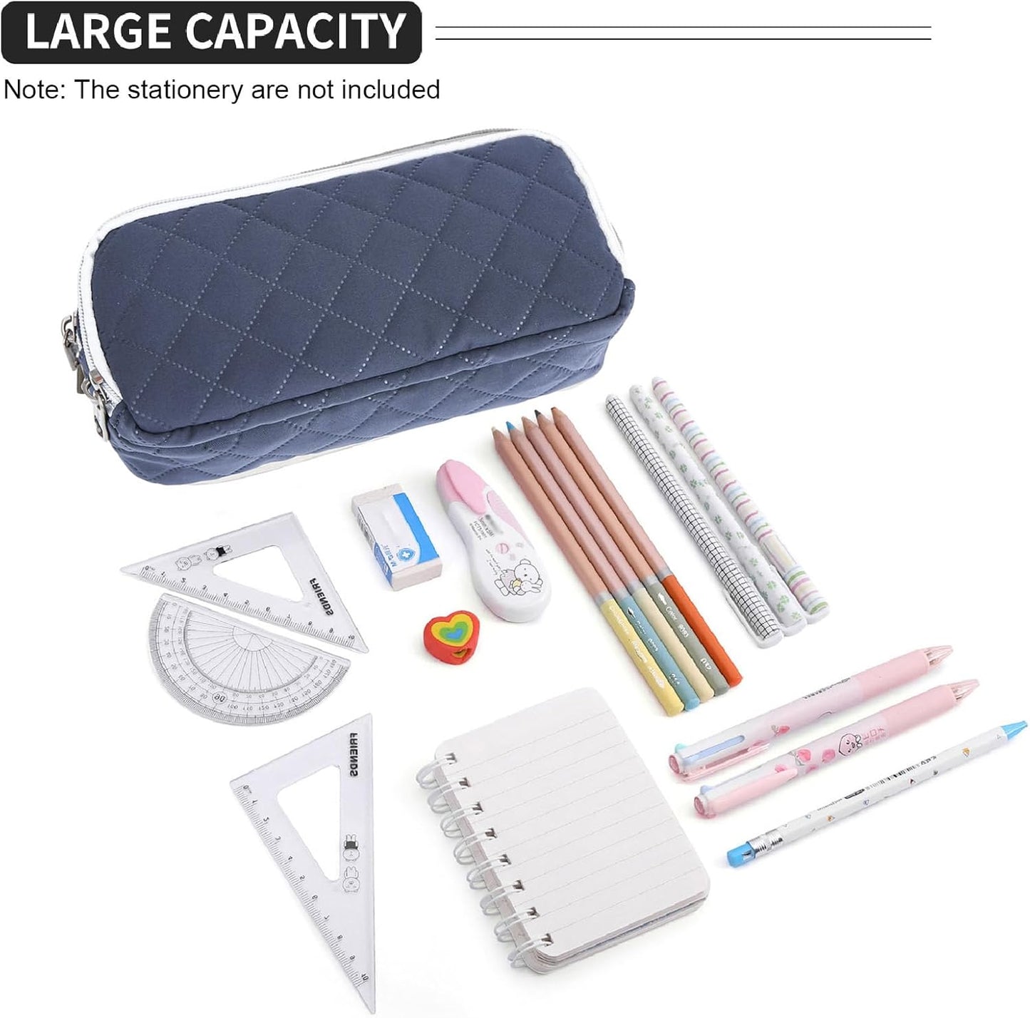 Della Gao Pencil Case Large Capacity Pencil Pouch Soft Quilted Pen Bag Office Stationery Organizer Sturdy Pencil Bag for Men Women - Dark Blue