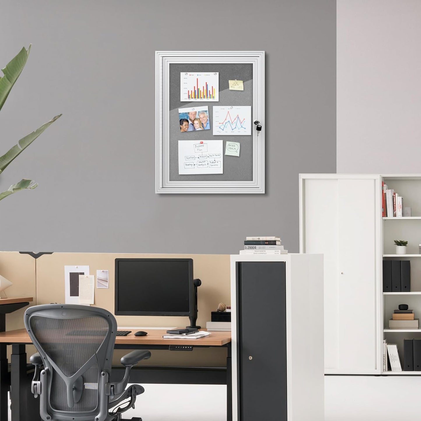 26"x20" Enclosed Bulletin Board, Outdoor Lockable Weather-Resistant Aluminum Cork Noticeboard for School & Office, Silver Frame w/Grey Flet