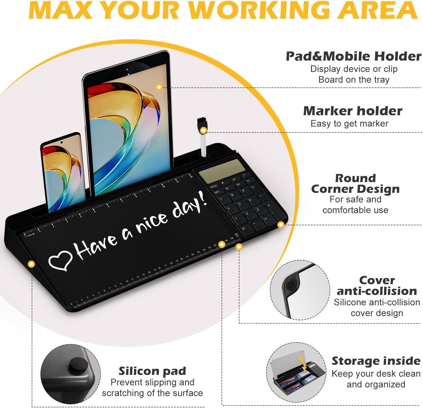 Desktop Glass Whiteboard with Mirror & Calculator(12 Digit LCD Display) & Ruler Marker,Tilted Computer Keyboard Stand with Dry Erase Board Surface, Desk Organizers with Accessories,Black