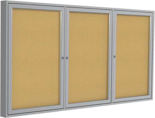 Ghent 36" x 72" 3-Door Indoor Enclosed Bulletin Board with Lock, Cork Material, Shatter Resistant Acrylic Panels, Made in the USA, Satin Aluminum Frame