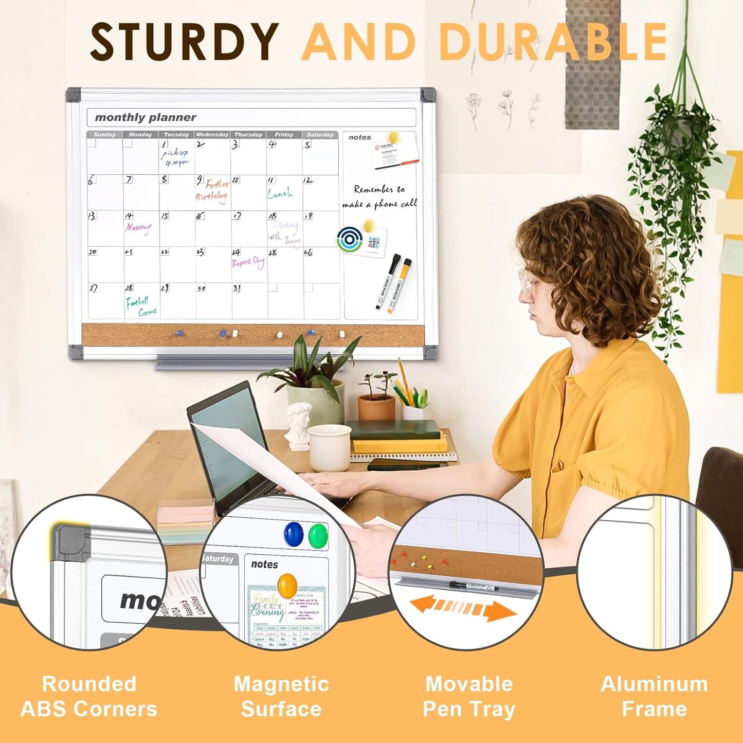 MAKELLO Dry Erase Calendar for Wall 36x24 in, Large Calendar Whiteboard with Cork Board for Office, Home, School, Family, Kitchen and Bedroom, 3' x 2'
