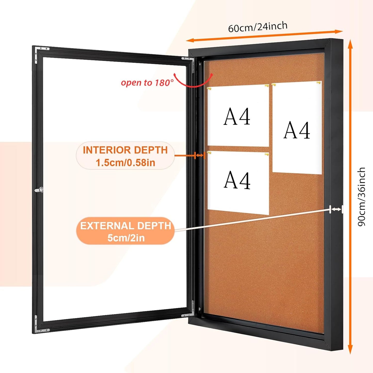 Enclosed Bulletin Board Outdoor Noticeboard with Locking Door, Weather-Resistant, Cork, Black Aluminum Frame, 36 x 24 in