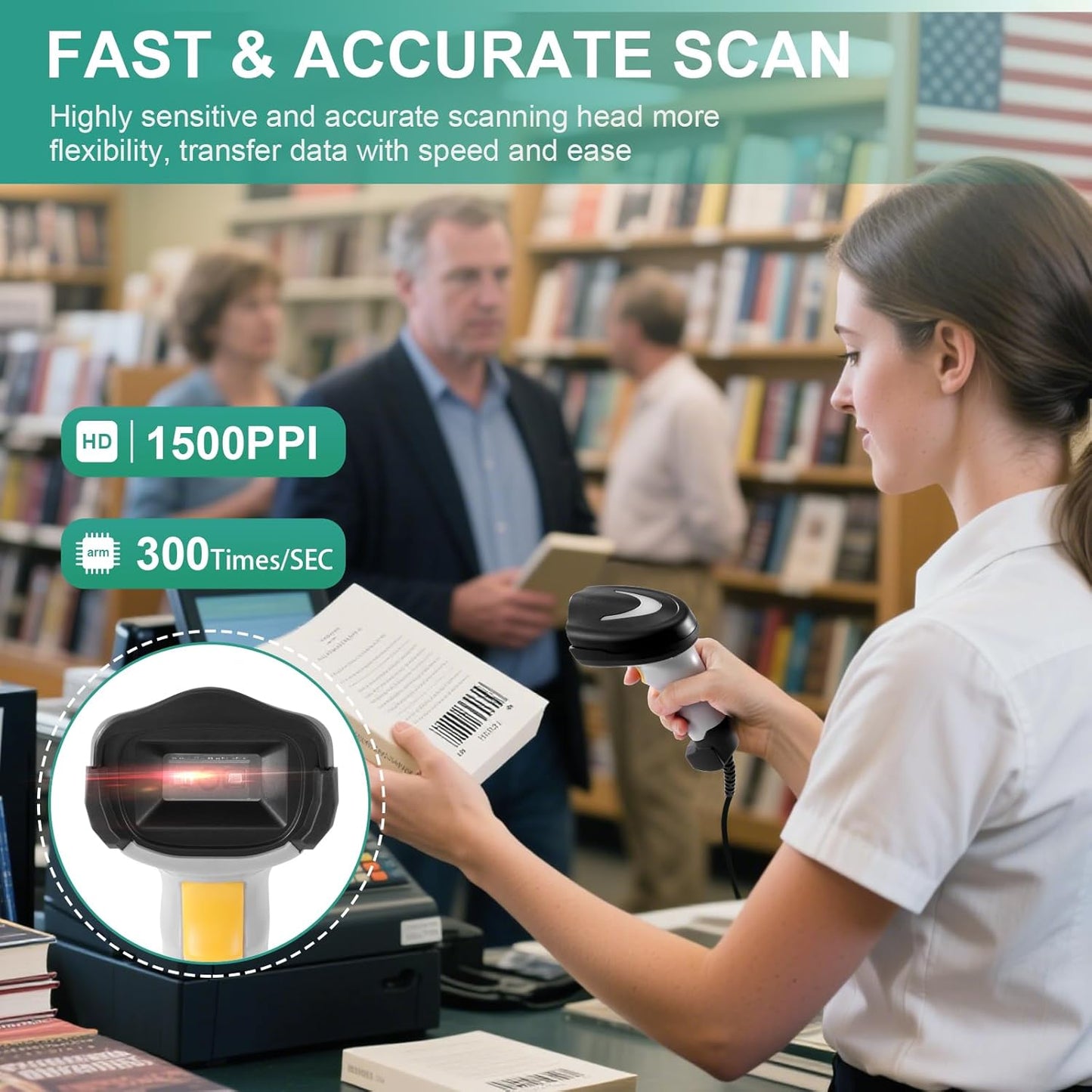 Barcode Scanner, Handheld QR Code Scanner USB Wired Connection 1D 2D&PDF417 Data Matrix Automatic Barcode Reader Plug and Play Bar Code Scanners for Store Supermarket Warehouse Library
