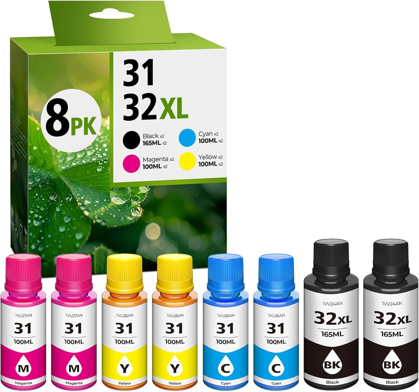 31 32XL Ink Bottle Set, Smart Tank 651 7602 5101 6001 Ink Refill Compatible with HP 31 Ink 32XL Black Ink Bottle Set for Smart Tank 5101 7602 7301 5000 651 5103 6001 7001 7302 5102 7002 7006 (8 Pack)