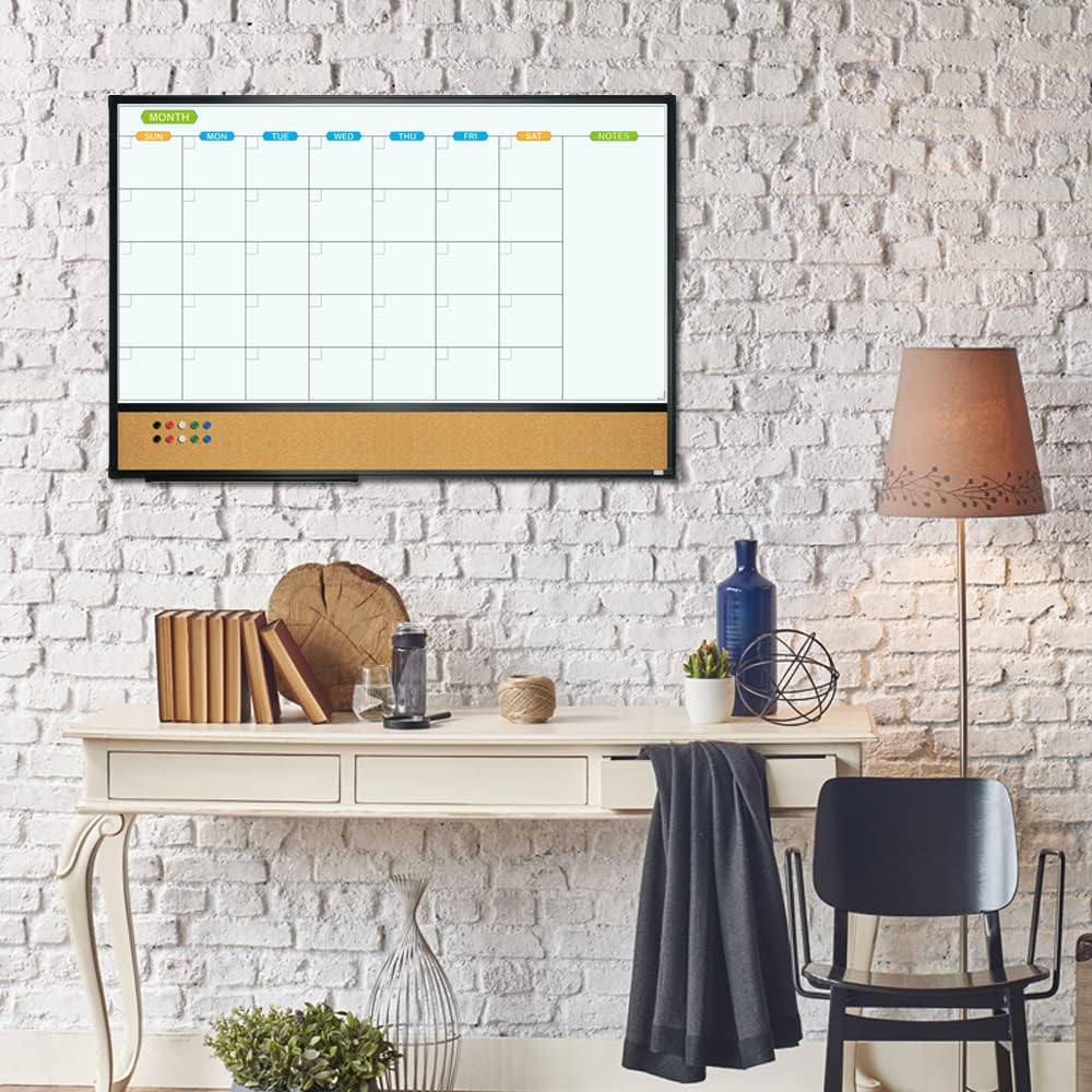 JILoffice Magnetic Calendar Whiteboard & Bulletin Corkboard Combination, Combo Board 36 x 24 Inch, 2 Pack, Black Aluminum Frame Wall Mounted Board for Office Home and School with 10 Push Pins