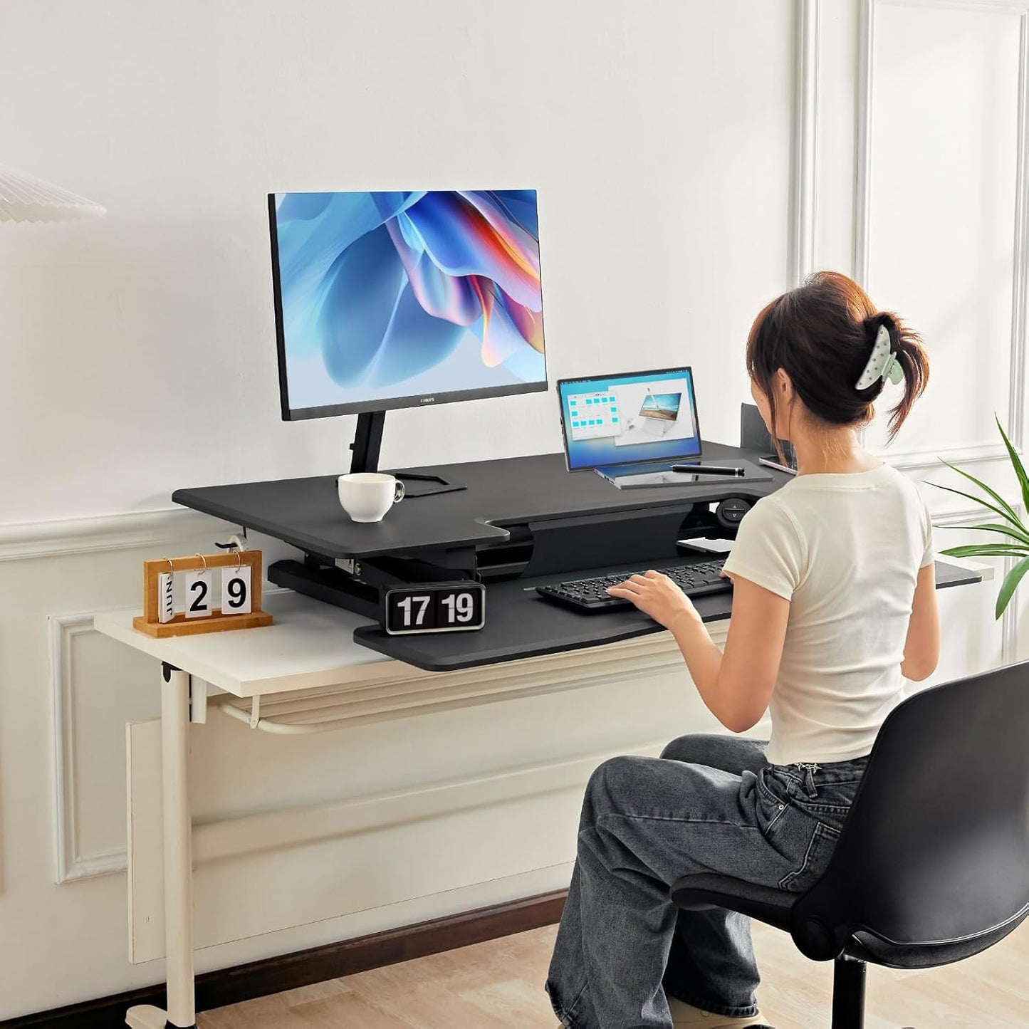 Redlife 46 inch Electric Standing Desk Converter, Height Adjustable Sit to Stand Desk Riser Extra Large Dual Monitor and Laptop Workstation with Keyboard Tray & Wireless Charging Station, Grey