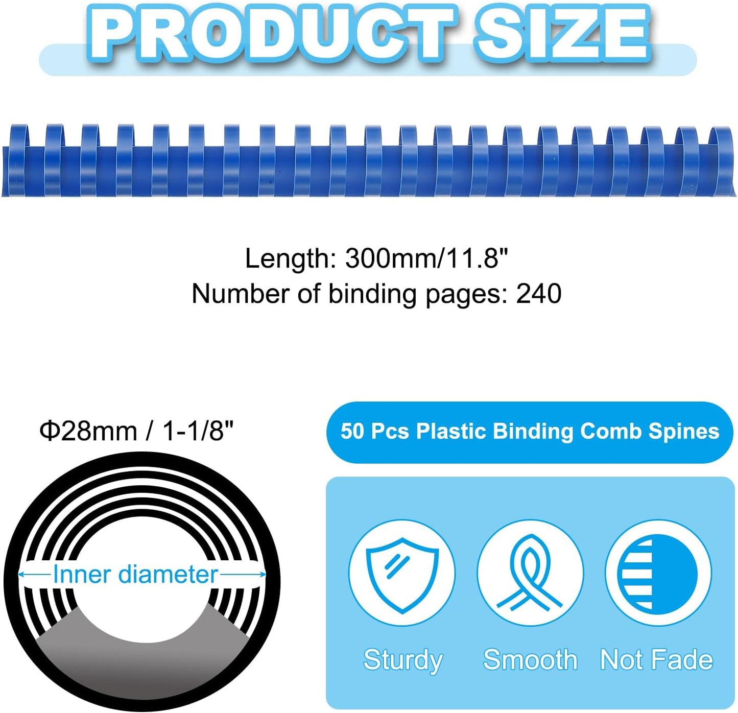 PATIKIL 28mm (1-1/8") Plastic Binding Combs, 50 Pcs 21 Rings Comb Binding Spines 240 Sheet Capacity Letter Size for Binding Paper Sheets Notebook Calendar Picture Album, Blue