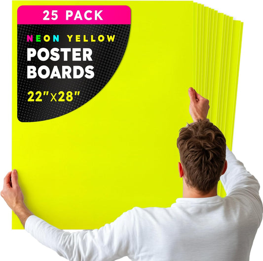 Hygloss Large Poster Board 22x28 - 25 Neon Yellow Single Color Poster Boards Bulk Pack - 10 Pt. Thickness Colored Poster Board Paper for Projects, Signs, Displays - Posterboard Multipack 22" x 28"