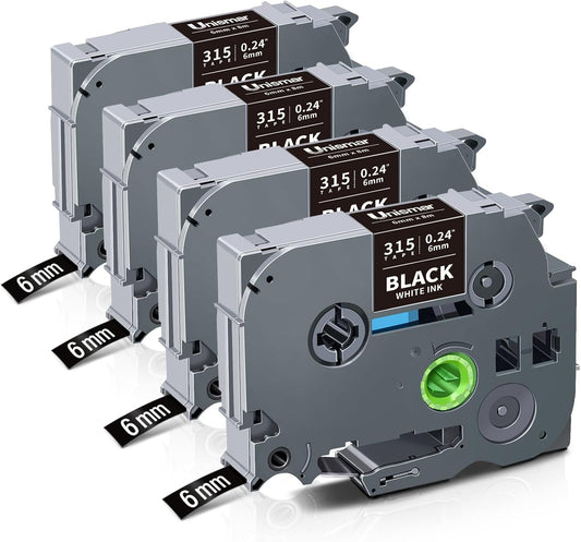 Unismar Compatible for Brother 6mm White on Black Label Maker Tape TZe-315 TZ315 TZe 6mm 0.23 Black Tape Work for PTD220 PTD200 PTD210 PTD600 PTD400 PTH100 PTH110 PT1280 PT1890, 1/4'' x 26.2', 4-Pack