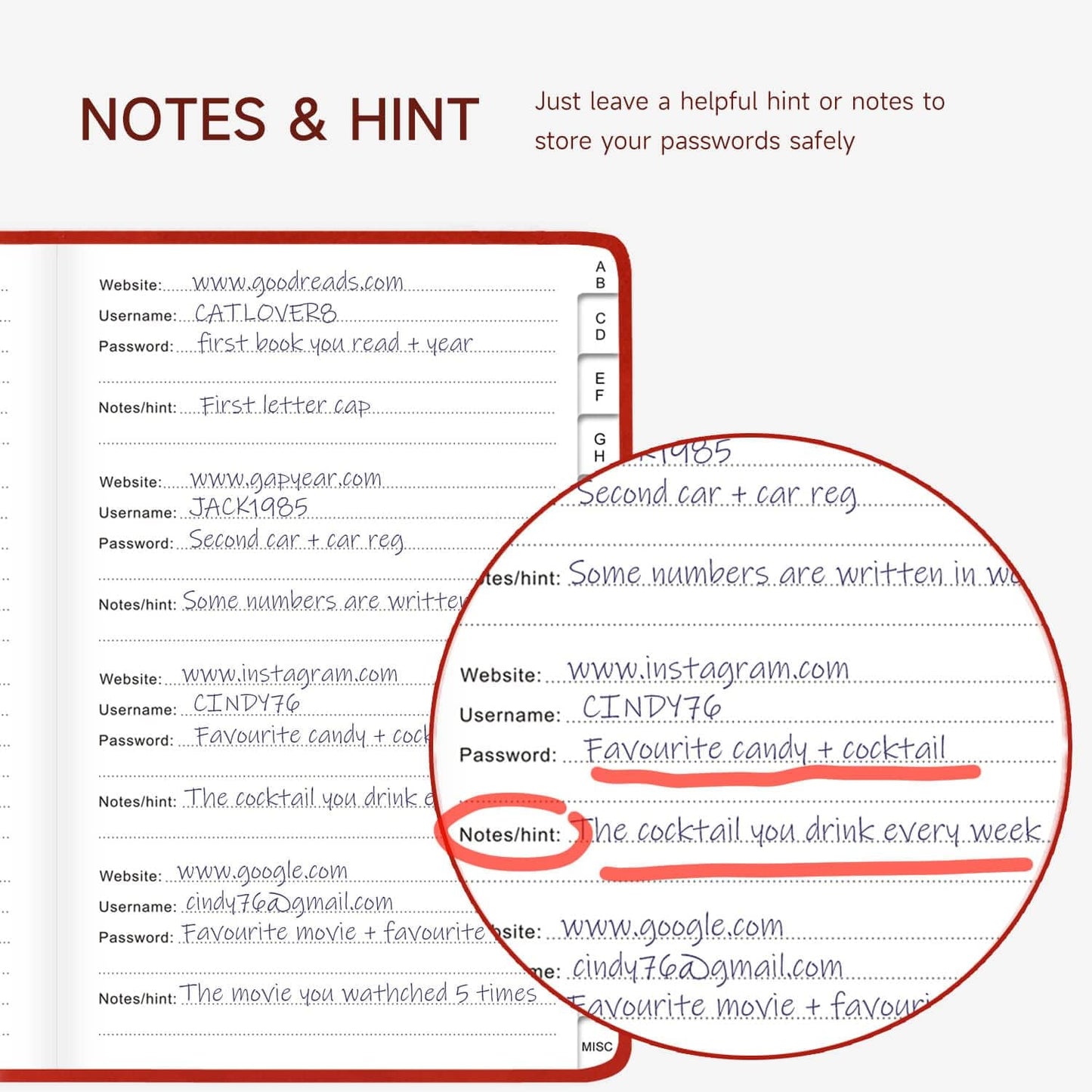 Password Book with Alphabetical Tabs – Hardcover Internet Address & Password Organizer – Password Keeper Notebook for Computer & Website – 5.2 x 7.6 Log-in Password Journal w/Thick Paper (Red)