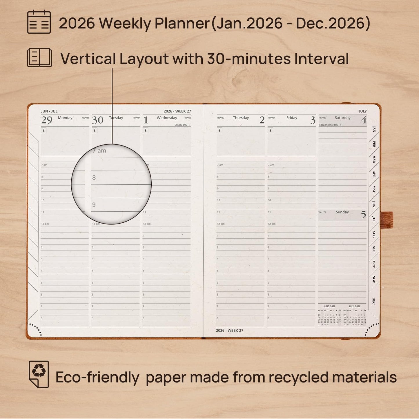POPRUN 2026 Planner - 2026 Recycled Weekly Planner[6.5''x 8.5''- Italian Regenrated Leather Hard Cover] with Hourly Schedule & Vertical Weekly Layout, Monthly Tabs, Inner Pocket - Desert Brown