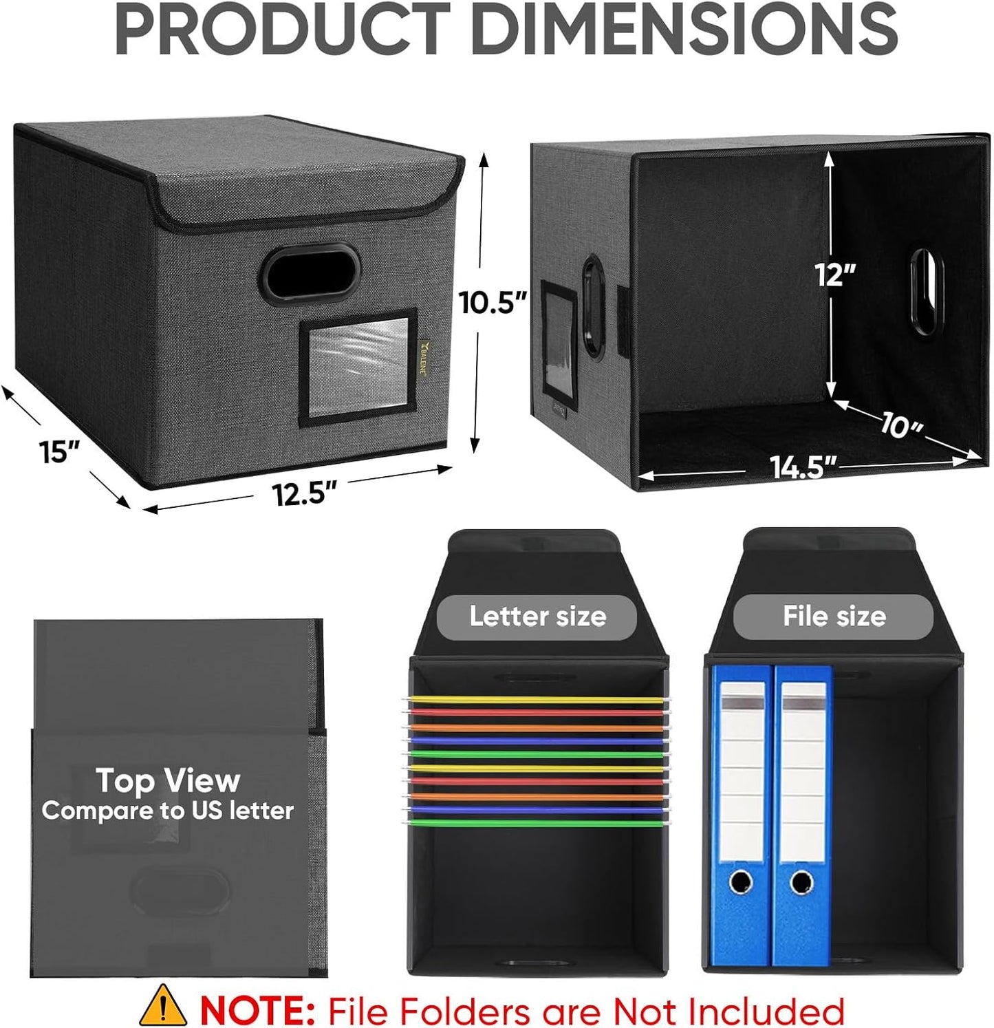 BALEINE File Organizer Box with Lid, Collapsible File Folder Organizer with Plastic Slide, Hanging File Folder Box for Office Document Storage (2 Pack, Black)