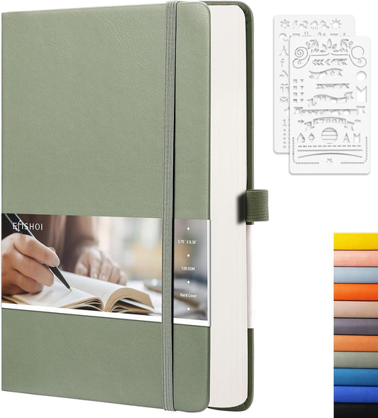 EMSHOI Dotted Notebook - 256 Pages A5 Dotted Grid Journal Notebook,120gsm Thick Paper,16 Perforated Pages, Smooth PU Leather, Inner Pocket,5.75'' × 8.38''-Green