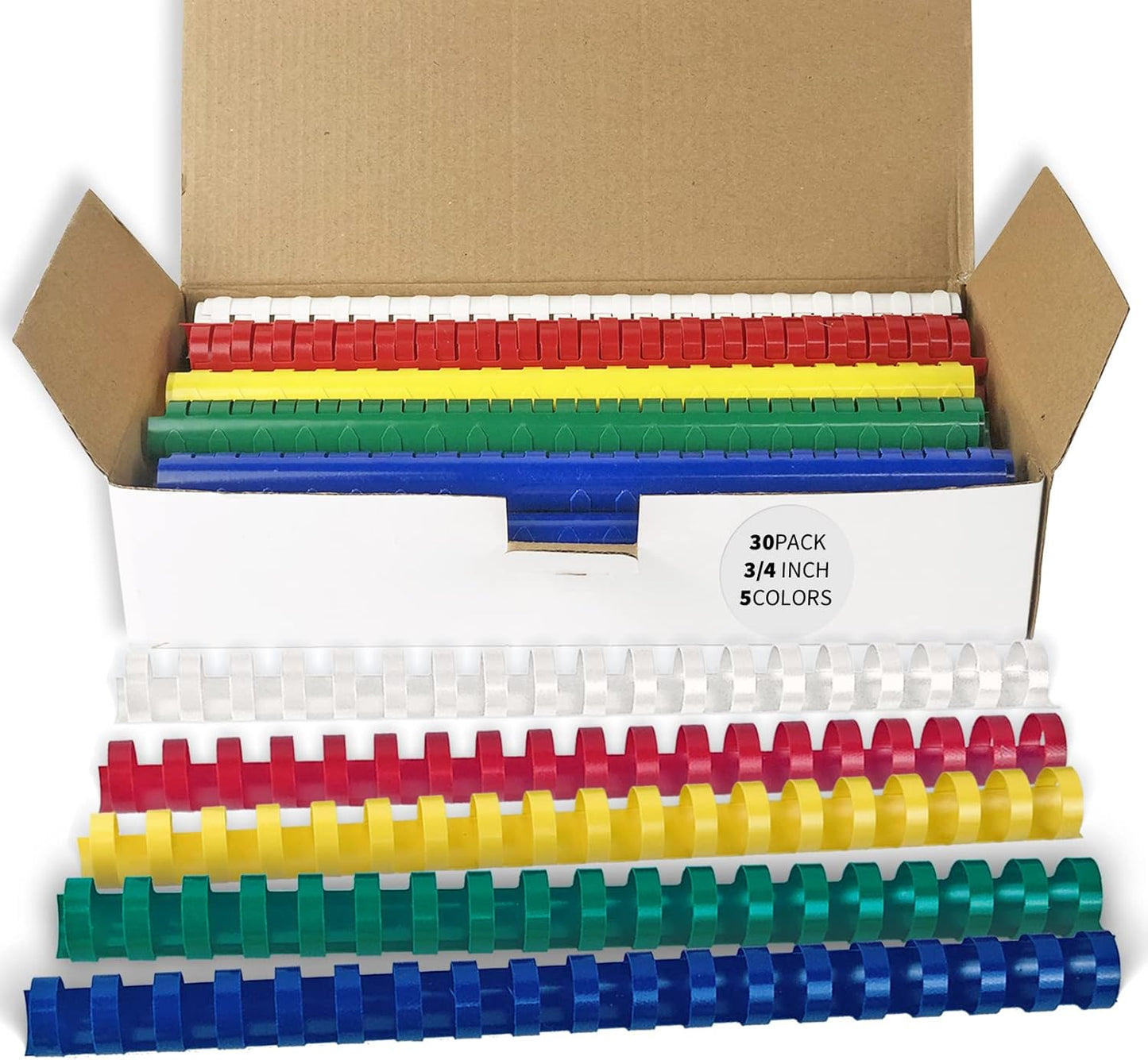 Binditek 30 Pack Plastic Binding Comb Spines, 3/4 Inch Diameter, 150 Sheet Capacity, 19 Ring, for Letter Size, Multi Color (White, Yellow, Red, Green, Blue)