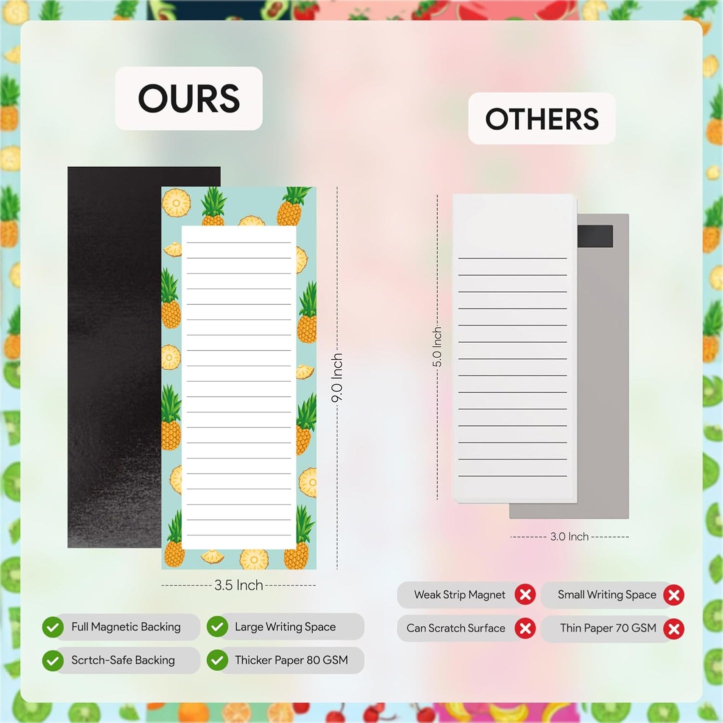 4 Large Magnetic Notepads – Big Notepads for Grocery List, Shopping List, To-Do List, Reminders -Strong Magnetic Back- Memo Pads with Realistic Fruit Designs | 60 Sheets per Pad 9 x 3.5 inch (4 Pack)