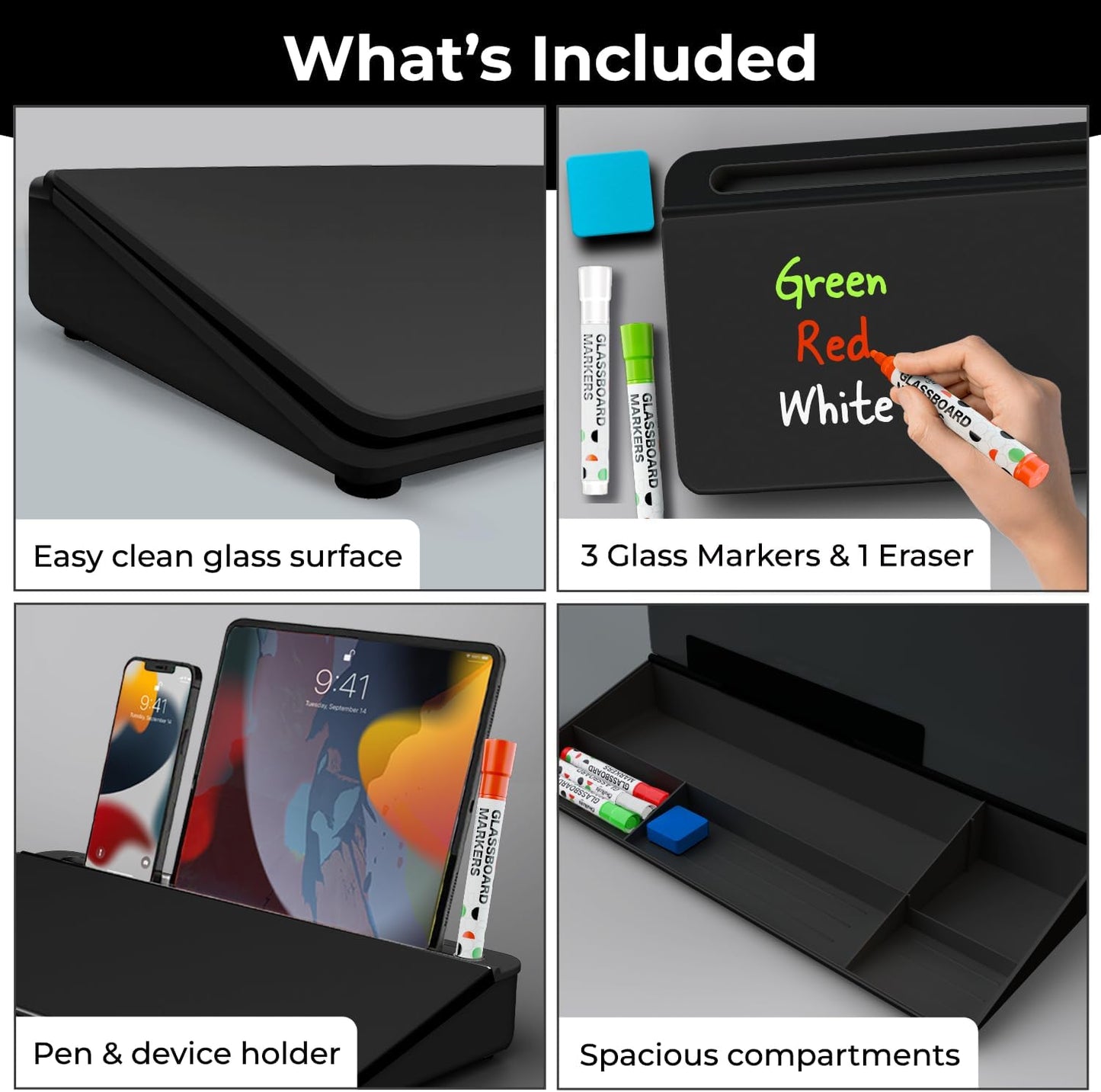 Chalkola Black Glass Desktop Whiteboard with Storage - Dry Erase Board, Work Desk Organizers, Computer Keyboard Stand, Home Office Desk Accessories, Workspace Desktop Buddy + 3 Markers