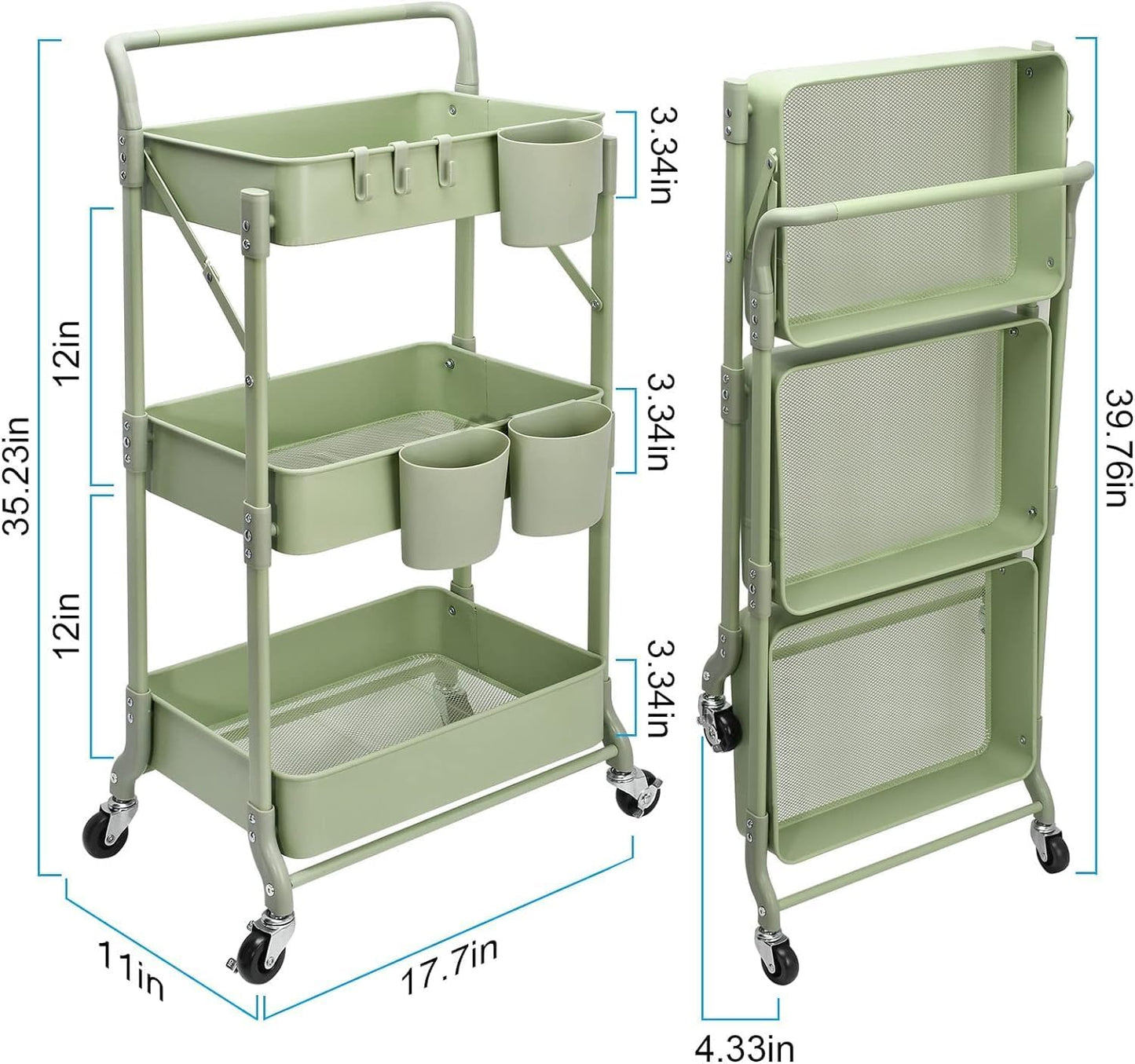 Foldable 3 Tier Rolling Cart, Metal Utility Cart, Folding Mobile Multi-Function Storage Trolley Organizer Cart for Home Library Office(Green)